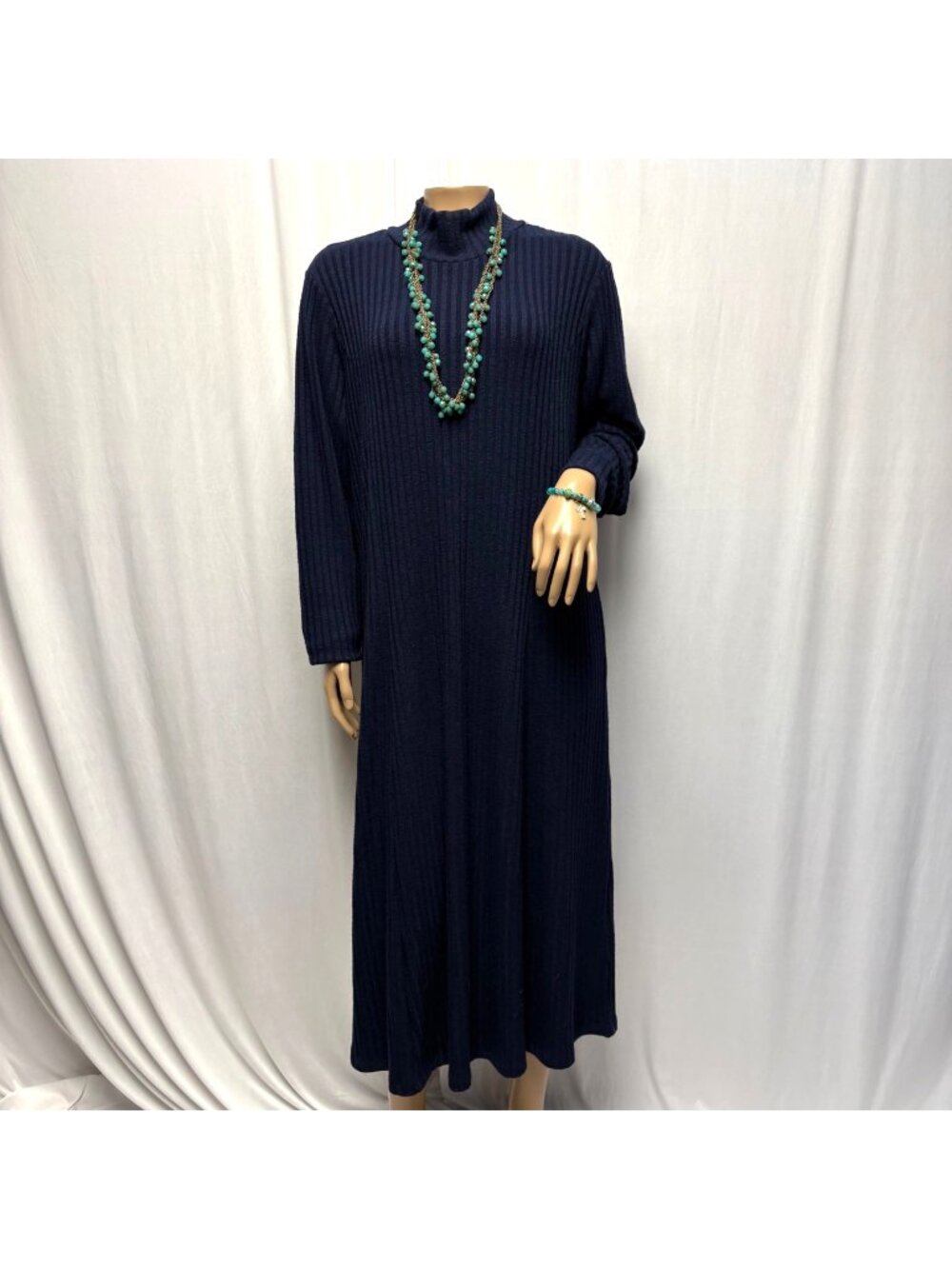 Susan Graver Navy Ribbed Knit Midi Dress Womens Size XL Mock Neck Minimalist